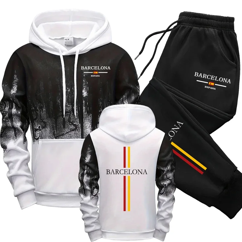 

Barcelona Print Hoodie 2 Piece Set Autumn Home Outdoor Comfort Outfit 2025 Hot Sale Men's Tracksuit Hooded Sweatshirt Sweatpants