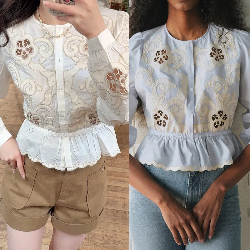 

Withered 2026 Summer Waist Cinching Floral Hollow Embroidery Round Neck Lotus Leaf Hem Single Breasted Shirt Woman Clothes Shirt