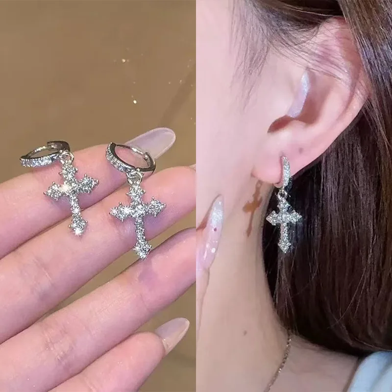 Sparkling Rhinestone Cross Pendant Hoop Earrings Men and Women Punk Hip-hop Fashion Jewelry y2k