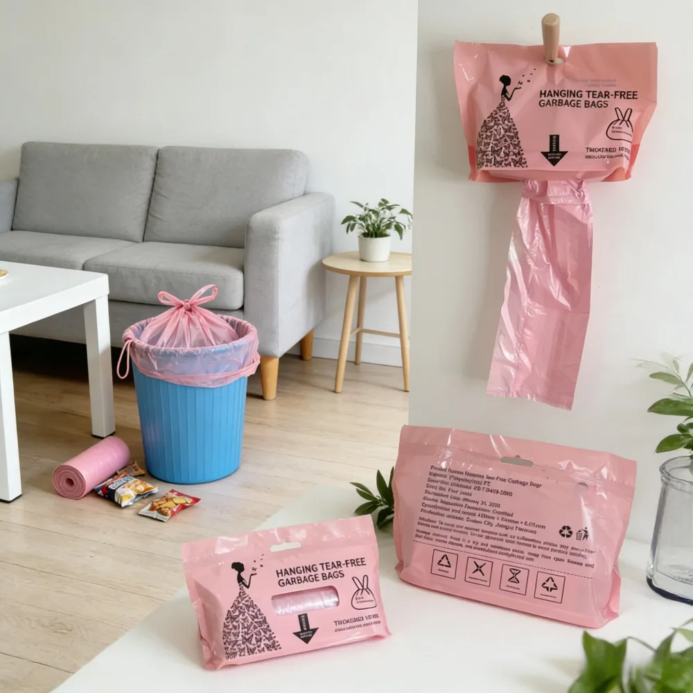 1 Roll 50 Count Rose Scented Hanging Garbage Bags, Portable Tear-Free Drawstring Trash Bags, Disposable Fragrance Rubbish Bags for Dormitory Apartment Car Office Mini Waste Bins
