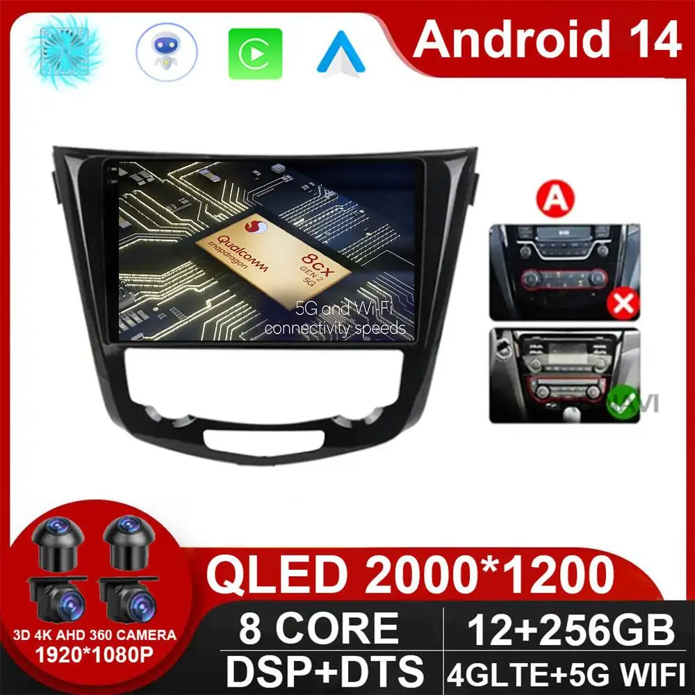 Android 14 Carplay Auto WlFl+4G for Nissan X-Trail 2013-2017 Car Radio MultimediaVideo Player Navigation Head Unit DPS BT GPS