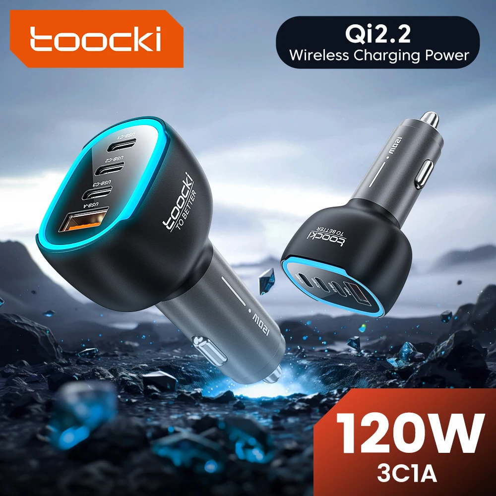 

Автомобильное зарядное устройство Toocki 120 Вт, мини, с поддержкой Qi2.2, быстрая зарядка USB-C PD PPS QC до 45 Вт, светодиодная подсветка, из цинкового сплава, для iPhone 17, Samsung