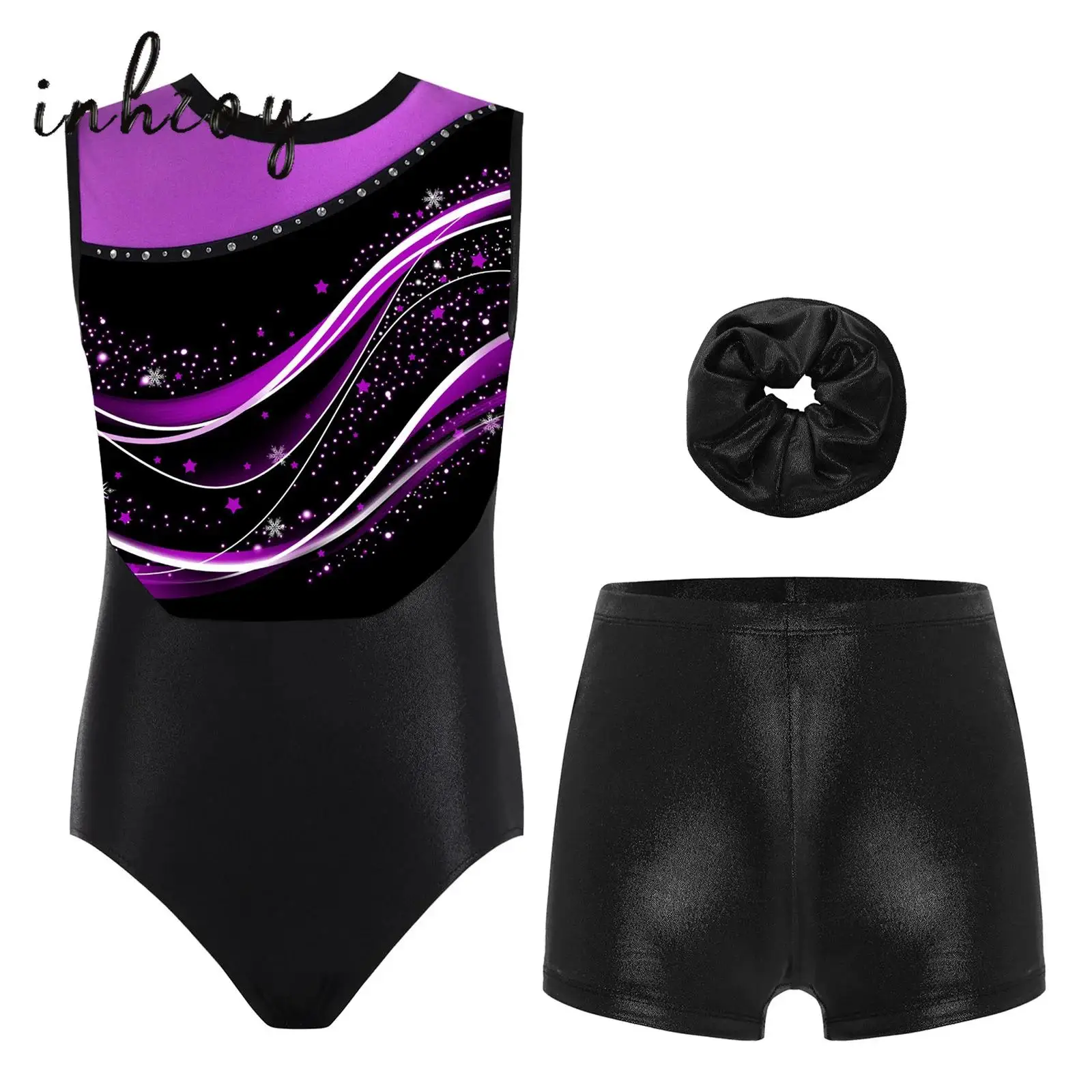 

3Pcs Kids Girls Gymnastics Ballet Dance Outfit Sleeveless Fashion Printed Color Block Leotard with Metallic Shorts and Hair Band
