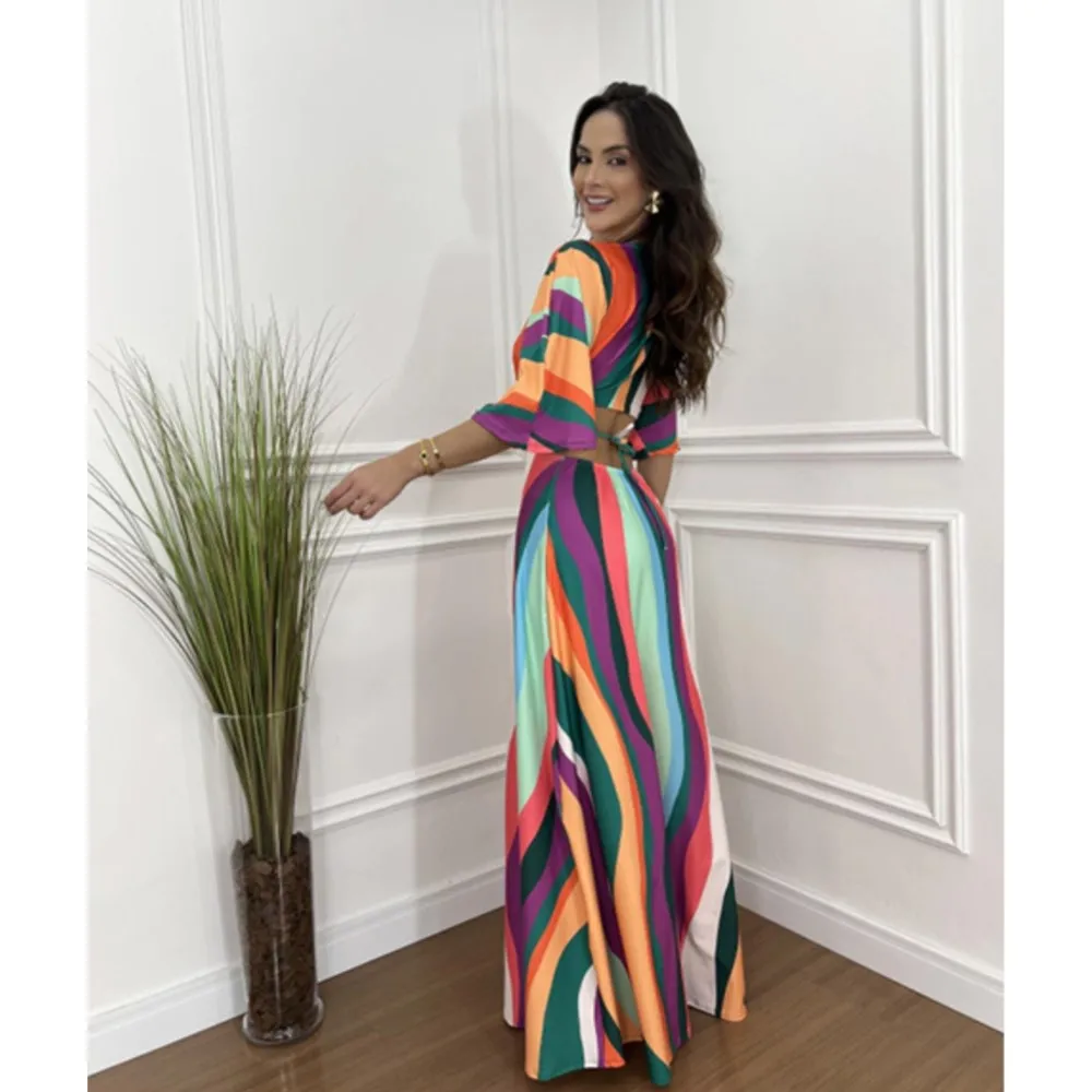 Shionable cor-bloqueada morcego manga 5 quartos vestido impresso feminino sexy recorte exposto cintura gravata feminina festa profundo decote em v vestido