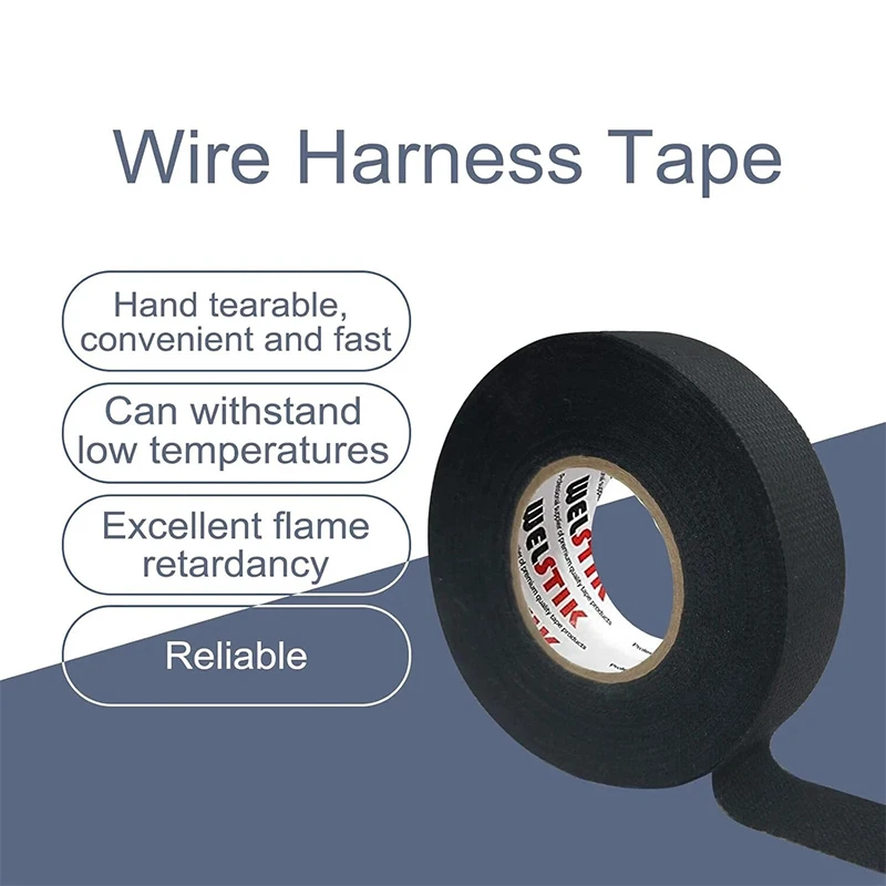 9/15/19/25MM Wire Harness Tape Electrical Insulating Heat Resistant Harness Tape 10/15M Black for Engine Electrical Insulation
