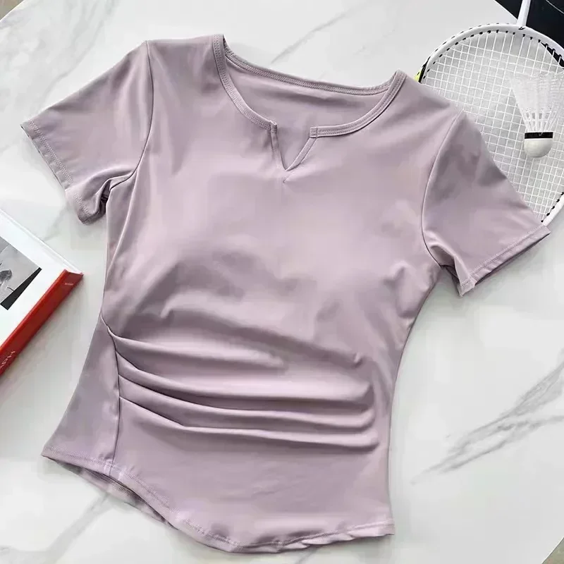 Lemon-Chemise de sport à manches courtes et col en V pour femme, haut de Pilates confortable avec coussin de poitrine et plis élastiques, vêtements de yoga et de course à pied