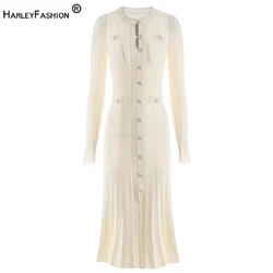 Early Fall Luxury Brief Gentle Beige Color Midi Knitting Dress Quality Buttons Strongly Elastic for Women