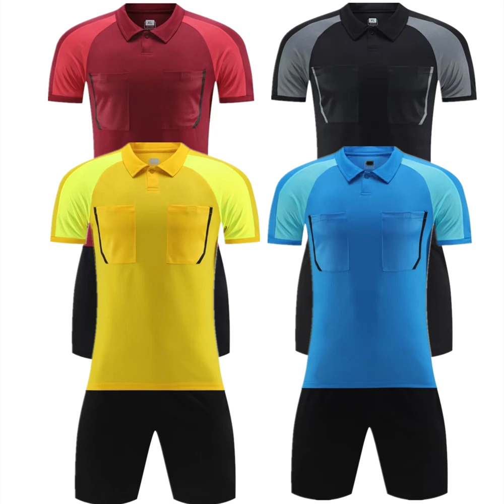 Professional Referee Soccer Sets Adult Umpire Football Uniforms Judge Short Sleeve Turndown Collar Shirt Three Pockets Shorts