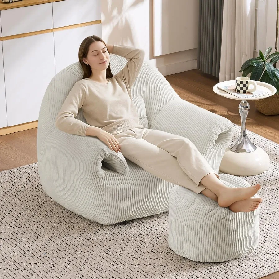 Comfy Bean Bag Chair for Adults with Ottoman and Armrests Corduroy Fabric Accent Sofa with HighDensity Foam for Living Room Bed