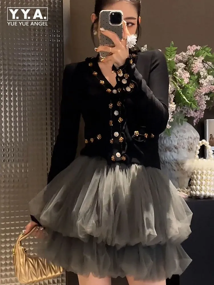 

Women Spring New Beading V-Neck Tops Sweet French Style Black Short Knitted Cardigan Jacket Long Sleeve Slim Fit Jackets Coat