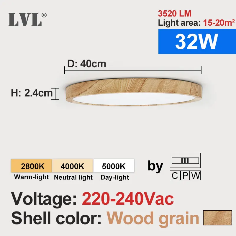 LVL Moderne LED-Deckenleuchte mit Holzmaserung, goldenes Licht mit 3-Farben-Beleuchtung für Zuhause, Küche, Schlafzimmer, Badezimmer, Deckenleuchte 6