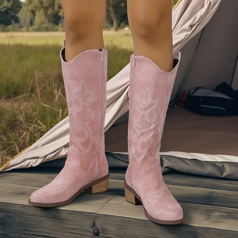 Western Cowboy Boots for Women - Knee High Wide Calf Cowgirl Boots with Classic Embroidered, Suede denim boots,Slip On Pointed T