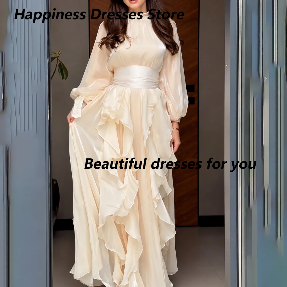 Customized Champagne High Neck Puff Sleeve Mother Of The Bride Gown Sash Cascading Ruffle Chiffon Wedding Evening Maxi Dress