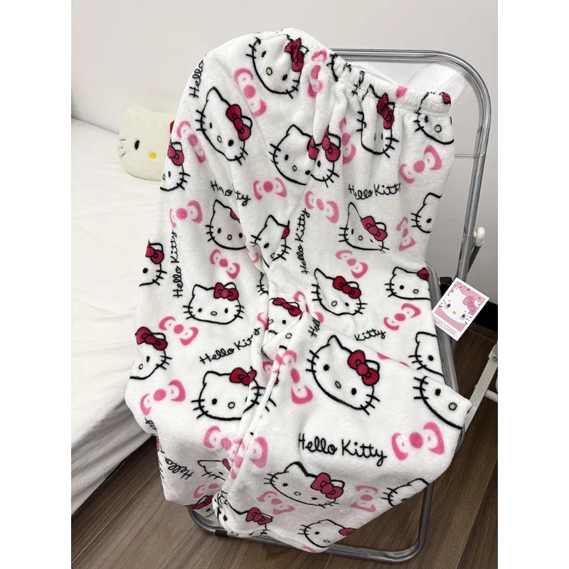 Celana Piyama Flanel Tebal Sanrio Hello Kitty Baru Celana Rumah Ramah Kulit Hangat dan Kasual Musim Gugur dan Musim Dingin
