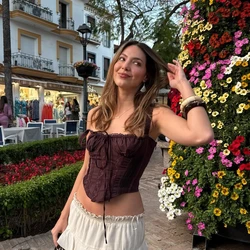 Suninheart Women White Cropped Top 2023 Elegant Spaghetti Strap Lace Up Top Lovely Female Tanks & Camis