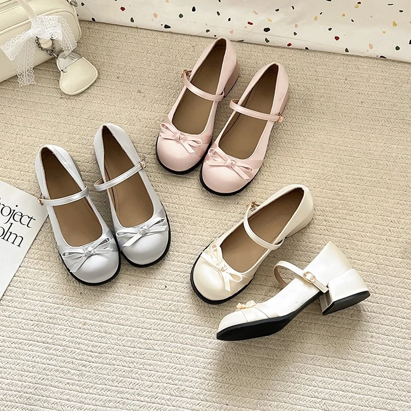 

Spring Autumn New Thick Heel Women Mary Jane Shoes Square Toe Shallow Butterfly-knot Ladies Casual Leather Thick Heel Pumps Shoe