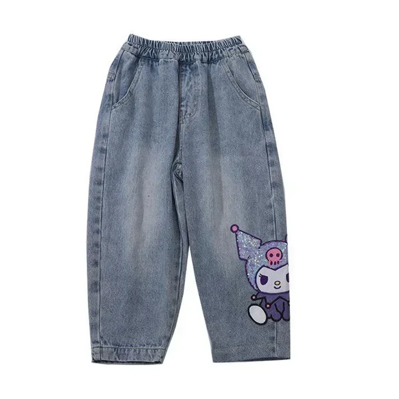 Sanrio Kuromi Kids Jeans 2024 New Cute Cartoon Retro Loose Fashion Elastic Waist Children Versatile Jeans Toys for Girl Gifts