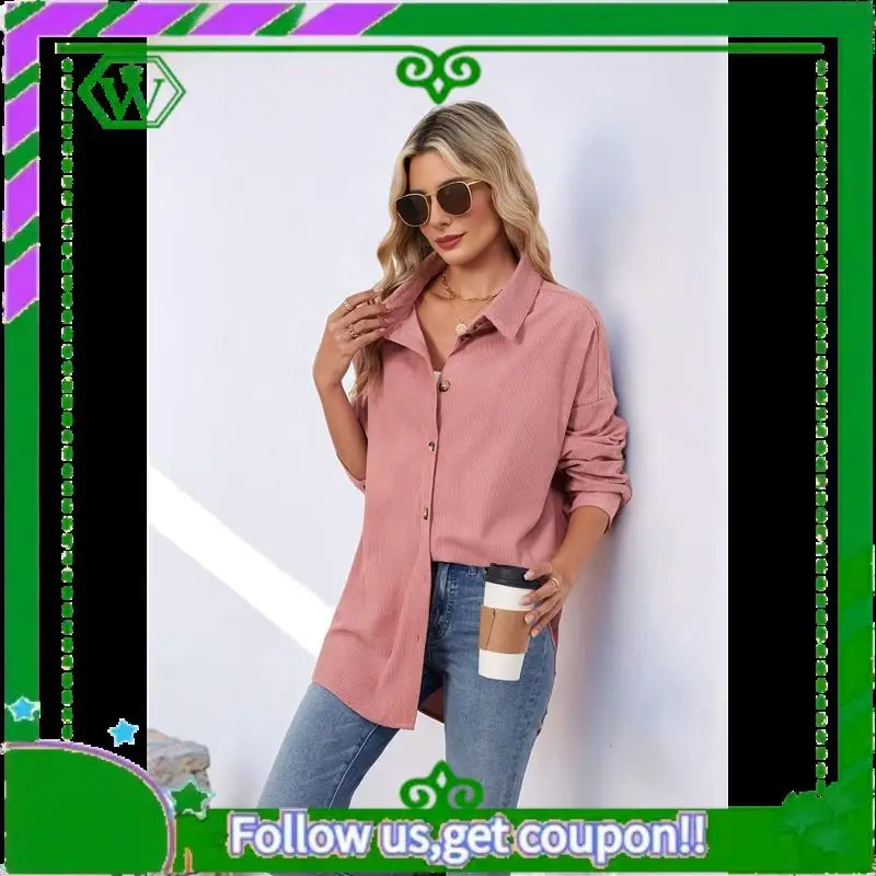 

A18P-Waffle Knit Button Down Shirts For Women Dressy Casual Work Tops Long Sleeve Loose Fit Shacket