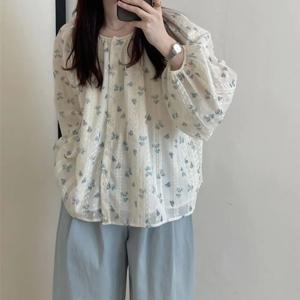 

Fashion Pleated Long Sleeve Blouse Ins Sweet Flower Shirt Top Spring Autumn Loose Shirt Women Spring Fall