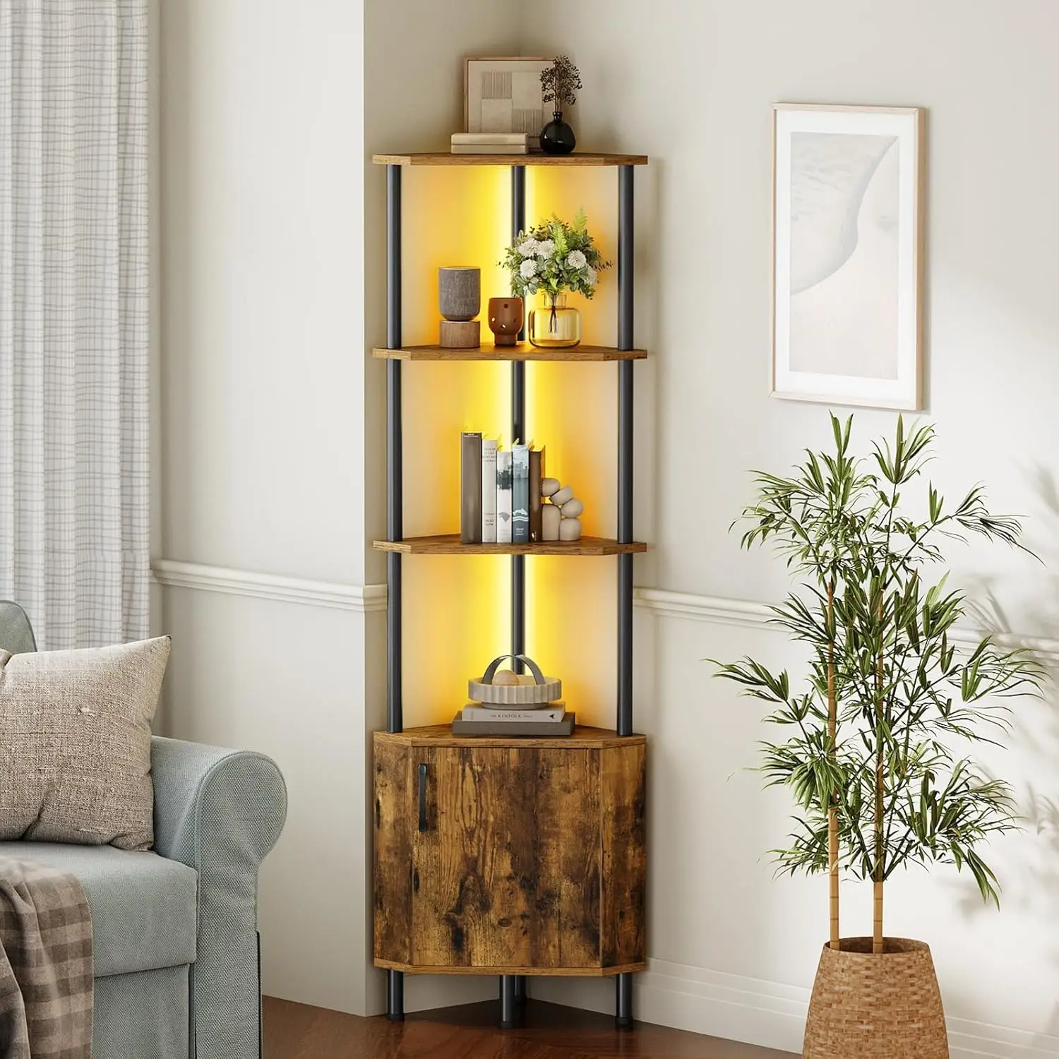 Eckschrank mit LED-Beleuchtung 4 Offene Regale Kippsicheres Bücherregal Aufbewahrung Display für Wohnzimmer Arbeitszimmer Küche Heimbüro