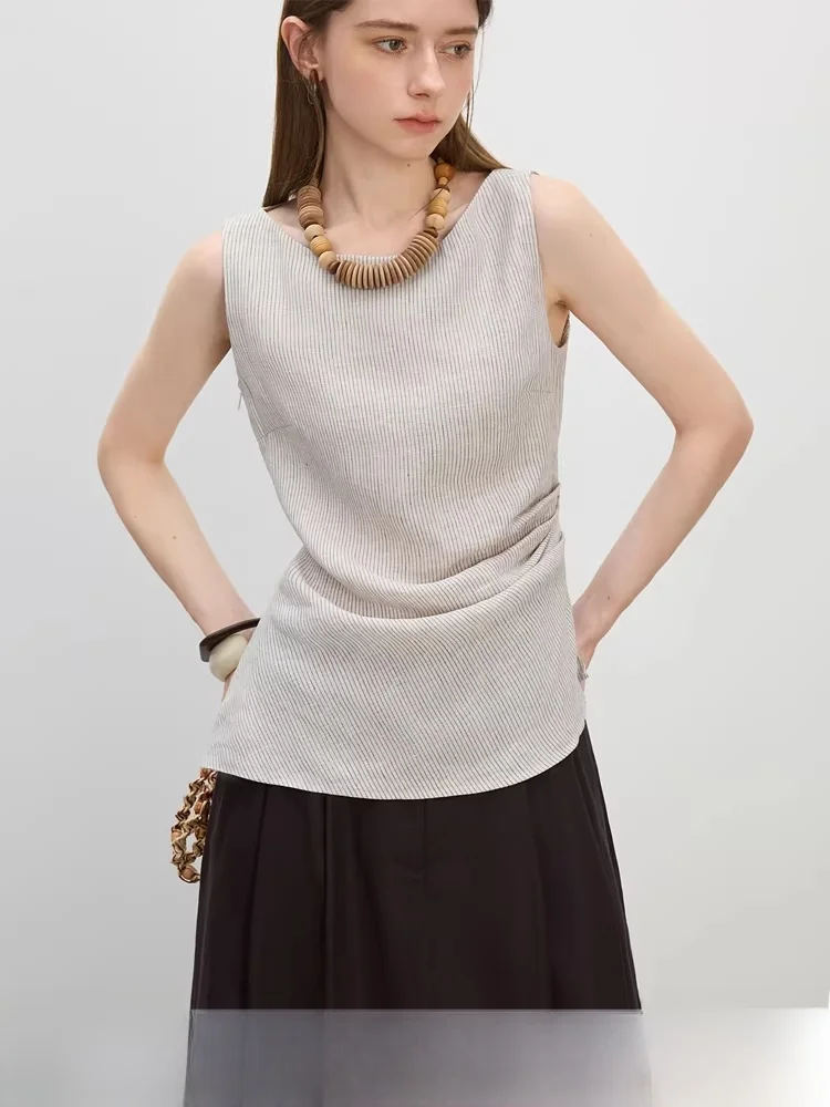 

Fensi Lanen Svel Stripe Slim Fit irt Summer New Sle Pleated Waist Cinching Slimming irt round Ne Regular Length