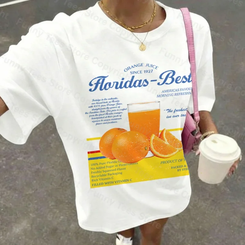 Women Vintage Florida Orange Juice T-Shirt Aesthetic Retro Fruit Print Tee Shirt Unisex 2026 Summer Oversized Streetwear Tops