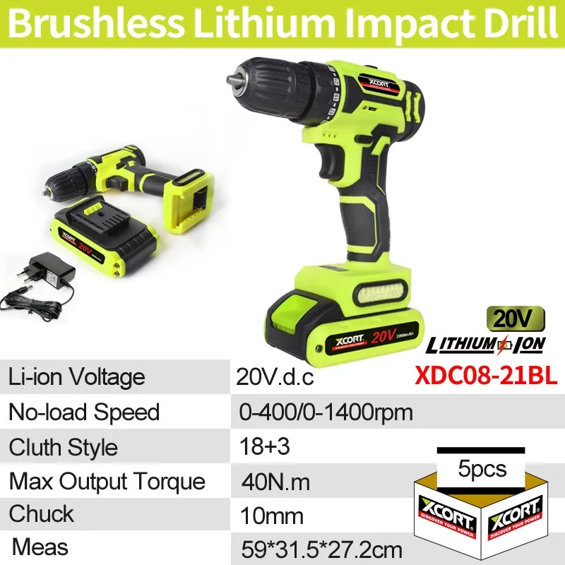 XCORT Industrial Grade 21V Brushless Motor Cordless Drill Rechargeable Electric Hand Drill Lithium Electric Power Tool