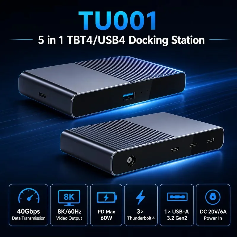 Thunderbolt 4/USB4 Docking Station 5-in-1 40Gbps 8K+60Hz 60W PD 10Gbps USB-A Hub Aluminum Housing in Stock