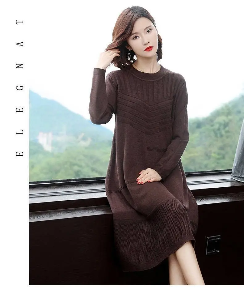 Vestido suéter de malha feminino na altura do joelho 2026 primavera outono novo elegante vestido de camada de base de comprimento médio