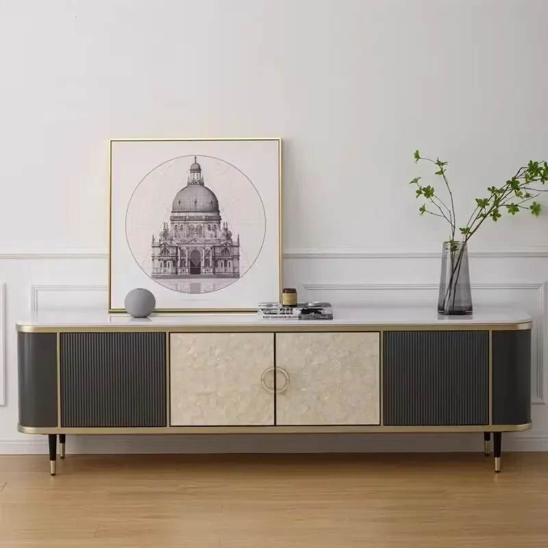 American Light Luxury Shell Marble TV Cabinet Coffee Table Set Solid Wood Storage Locker Integrated Living Room