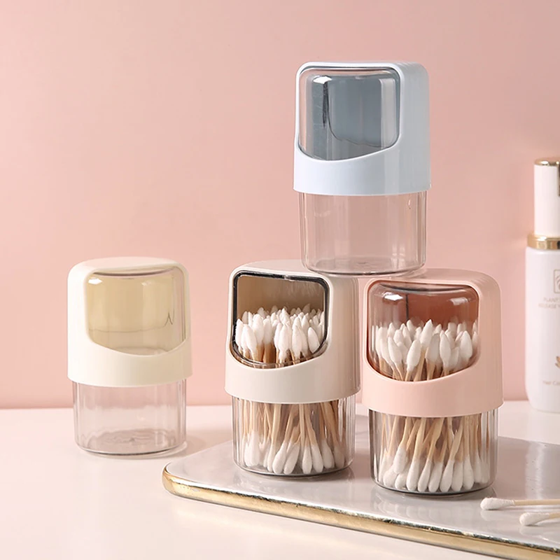 Transparent Cotton Swab Storage Box Rotating With Lid Dustproof Desktop Plastic Toothpick Organizer Jar