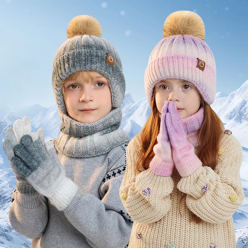 

3Pcs Kids Winter Hat Set Warm Knitted Children Beanie Hat Scarf Gloves Suit Fleece Lining Warm Fur Ball Child Bonnet Cap 4-10Y