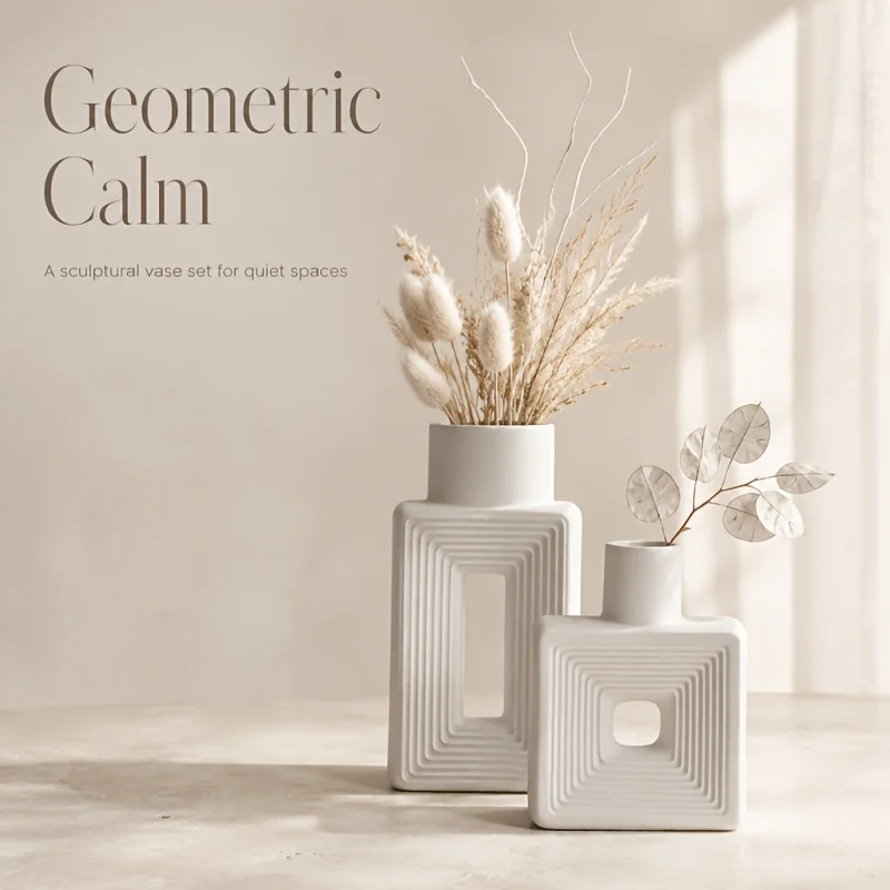 2Pcs Off White Square Texture Vase Set, 3D Printed PLA Wabi Sabi Dry Flower Table Decor