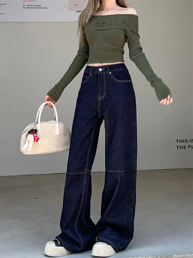 Retro dark blue flared jeans for women high-waisted loose-fitting petite-friendly height-enhancing wide-leg pants