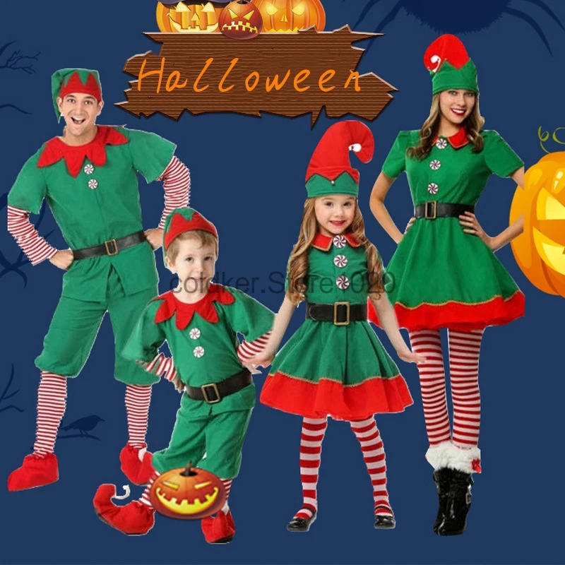 2024 Adults Kids Green Christmas Elf Costume Fancy Parent-Child Santa Claus Green Elf Cosplay Clothing Xmas Party Outfits