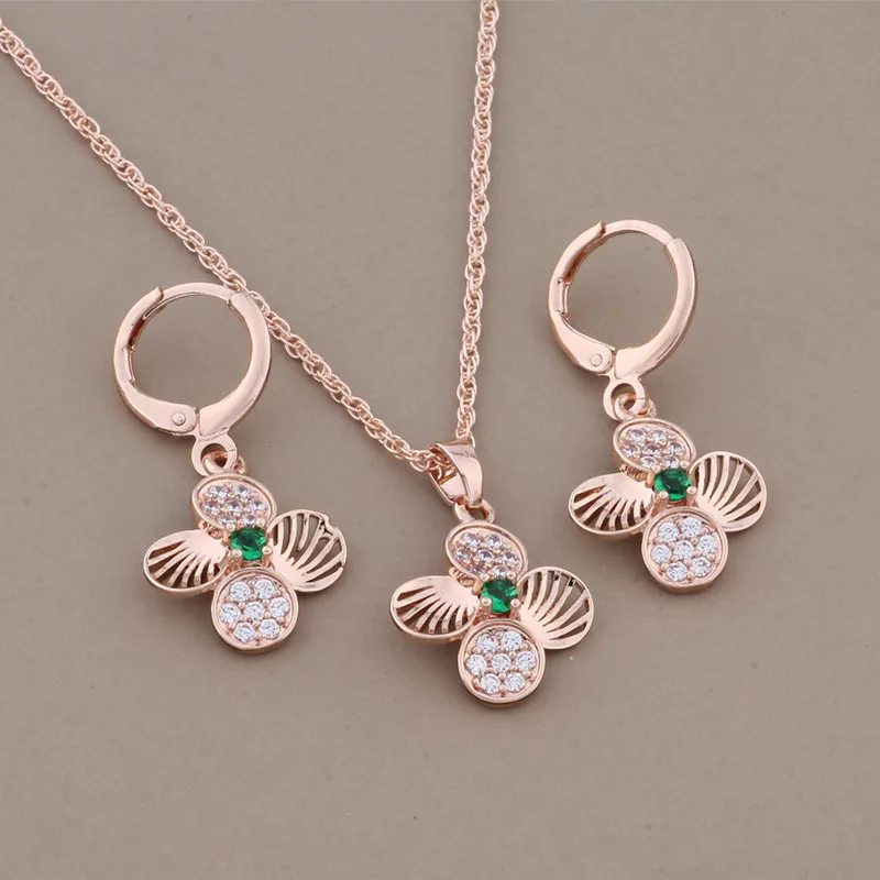 New Korean Fashion Rose Gold Color Small Flower Design Hanging Earrings Sets For Women Natural Zircon Luxury Quality Jewelry