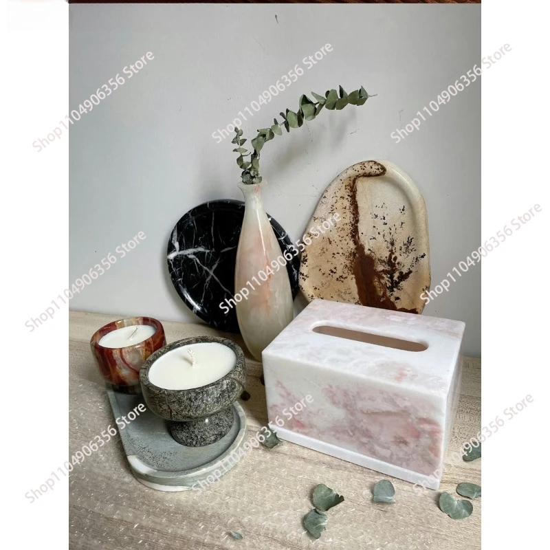 Stone, natural marble, rainbow rose, tissue box, modern simple luxury stone pumping carton, living room desktop ornament.
