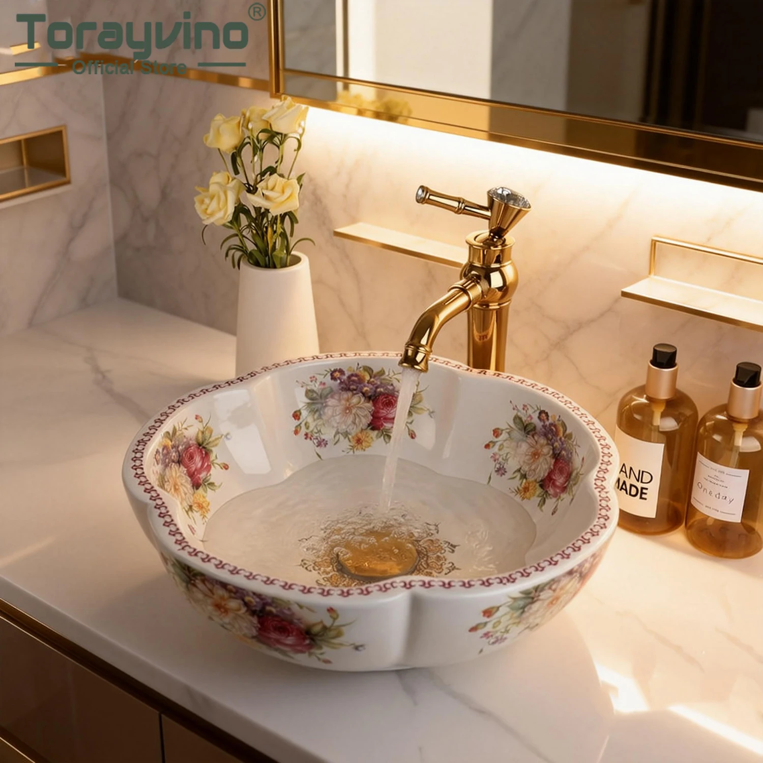 Torayvino Bathroom Basin Sink Faucet Set Ceramic Flower Peony Design Porcelain Vessel sink Vanity Bowl with Mixer Tap and Drain