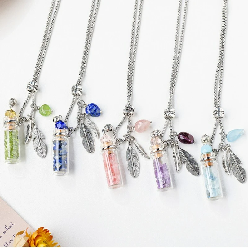 Natural Crystal Stone Drifting Bottle Pendant Necklace Aromatherapy Stone Essential Oil Bottle Jewelry Women Decorative Pendant