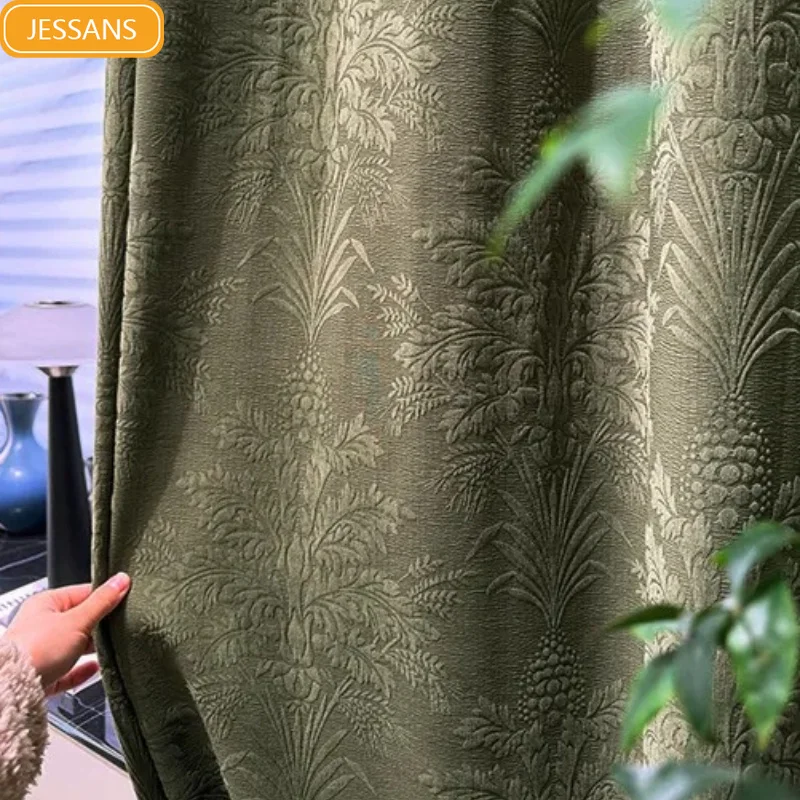 New Green Cream White Chenille Jacquard Curtains for Living Room Bedroom French Window Customized Finished Partition Curtain