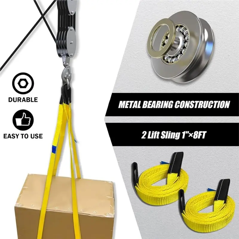 [HOT!A34R】 W/2 Tow Straps, Block And Tackle 4400LBS 8:1 Power, 65FT Polypropylene Fiber Rope Hoist Pulley System