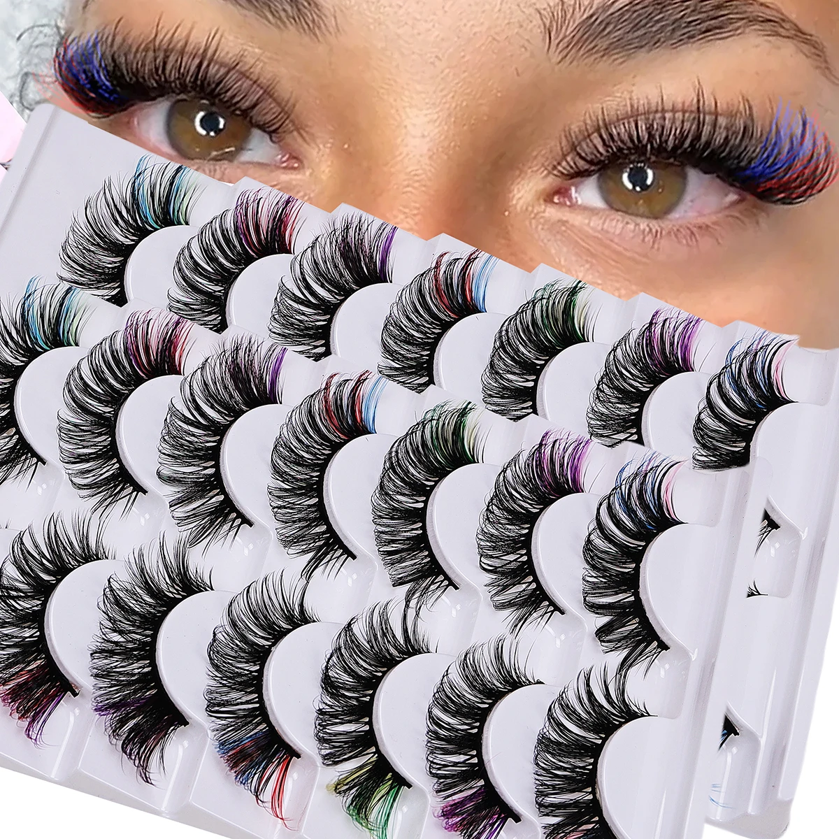 14 Paar/2er-Pack farbige Wimpern, flauschige künstliche Wimpern mit Farbe, D-Lockenvolumen, dramatische, lange, dicke Volumen-Fälschungswimpern
