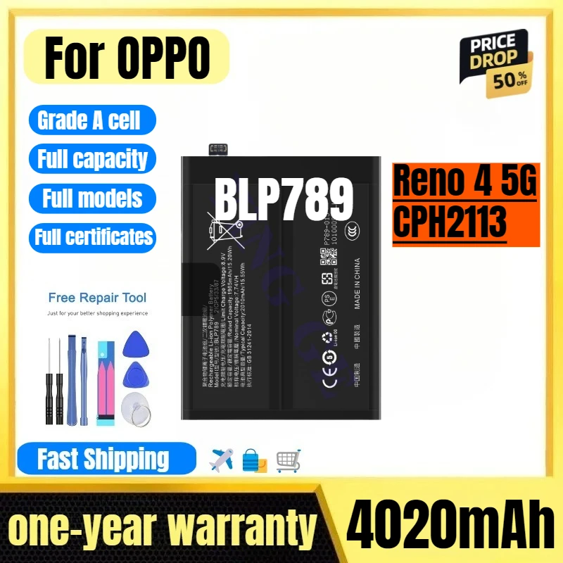 

BLP789 for OPPO Reno 4 5G/CPH2113 Mobile Phone Battery High Quality High Capacity Replacement Bateria Grade A Cell with Tools