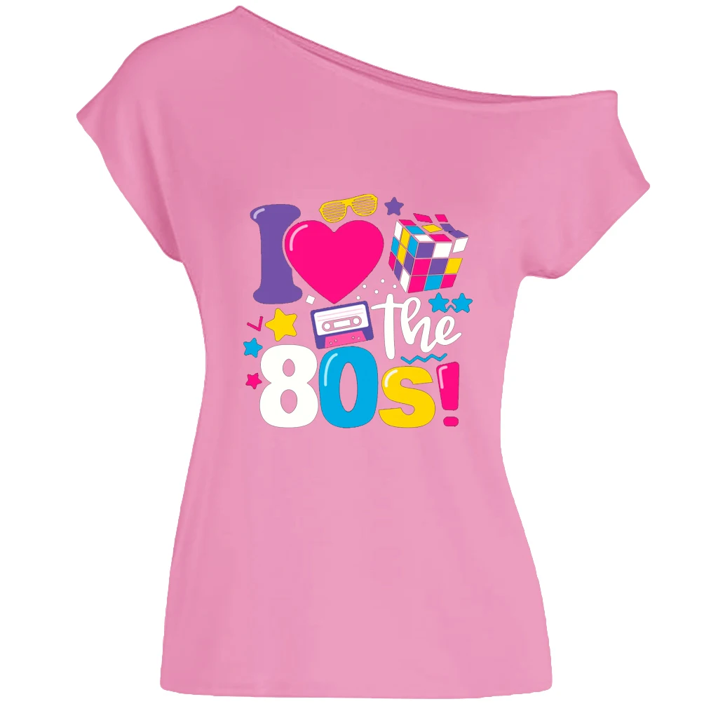 XUANSHOW 2024 Sommer I Love the 80s Emotional Element T-Shirt Sexy Off Shoulder Tops Kurzarm Buchstaben bedrucktes T-Shirt – Detail 32