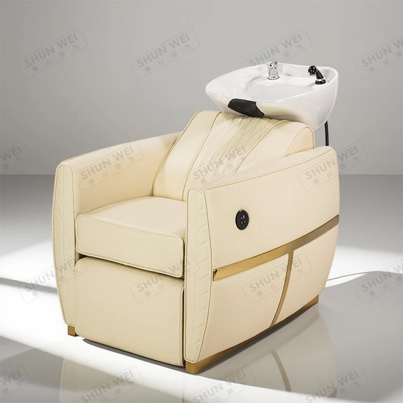 Hair Salons And Barbershops, Shampoo Bed With Ceramic Basin, Luxury Gold Salon Furniture