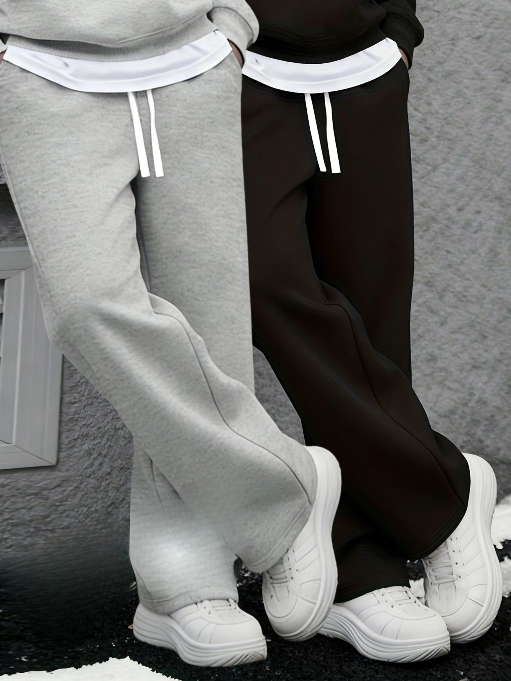 

Мужские свободные прямые повседневные брюки - светло-серые однотонные спортивные брюки с карманами и завязками на талии