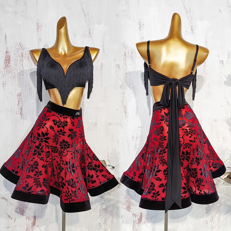 

2025 Latin Dance Performance Costumes For Women Sexy Black Tassels Tops Red Print Skirts Suit Chacha Samba Latin Dress DN21554