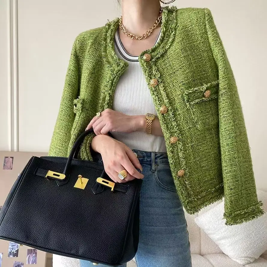 Korean Sweet Green Tweed Jacket Women Coat Long Sleeve Casual  O Neck Fall Winter Vintage All Match Elegant Jacket Outwear Tops