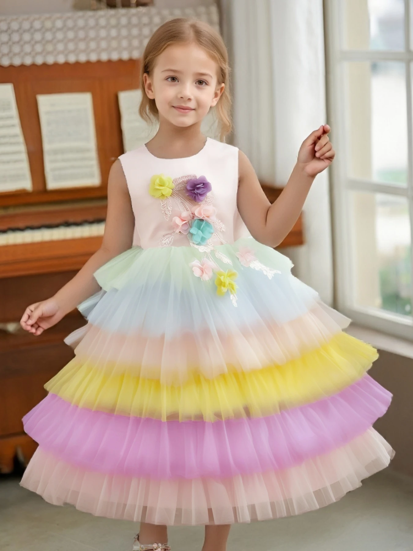 

Hot Sale Rainbow Unicorn Flower Girls Dress Tulle Layered Dresses 3-10 Years Kids Children Dresses Ceremony Party Prom Wear