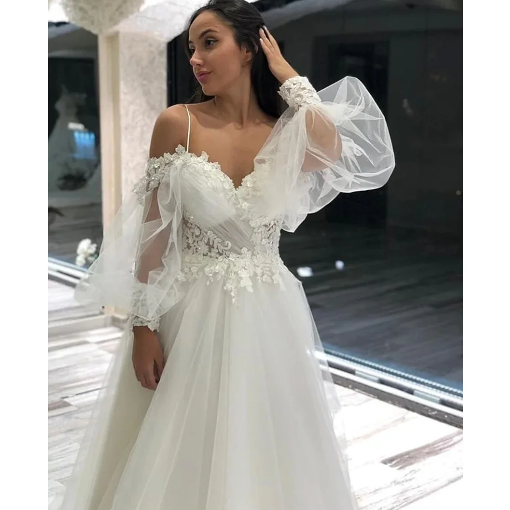 A-line Beach Wedding Dress Long Puff Sleeve Lace Bridal Gown Custom Made Princess Wedding Party Gowns Boho Plus Size